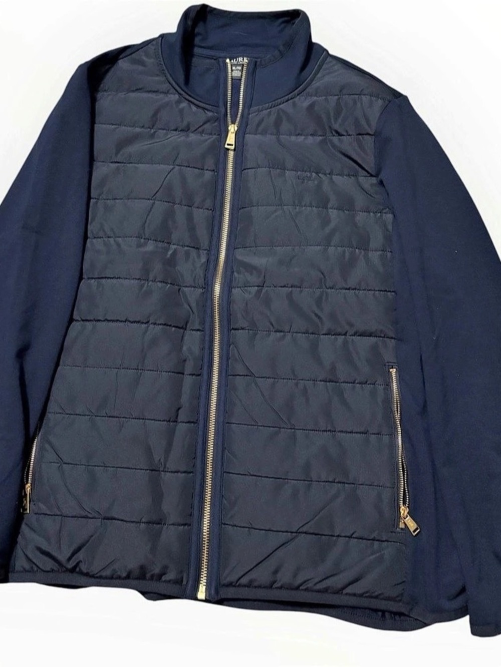Lauren Ralph Lauren Mixed Media Quilted Hybrid Jacket Navy Blue Gold Zip Size XL